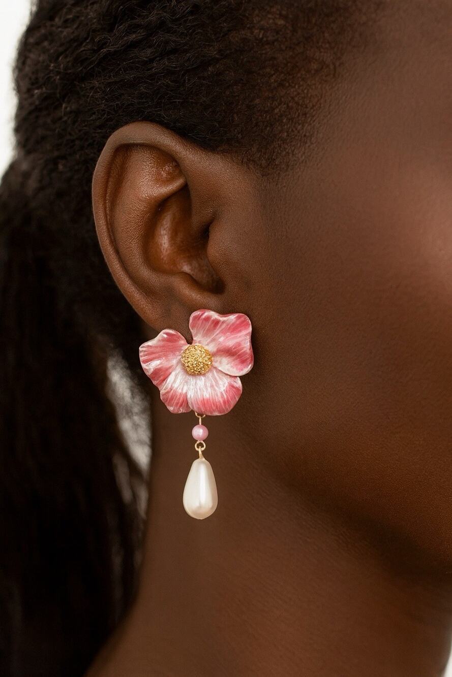 Flower Earrings French VTG Silver Gold Pearl Pink Zara Stud White